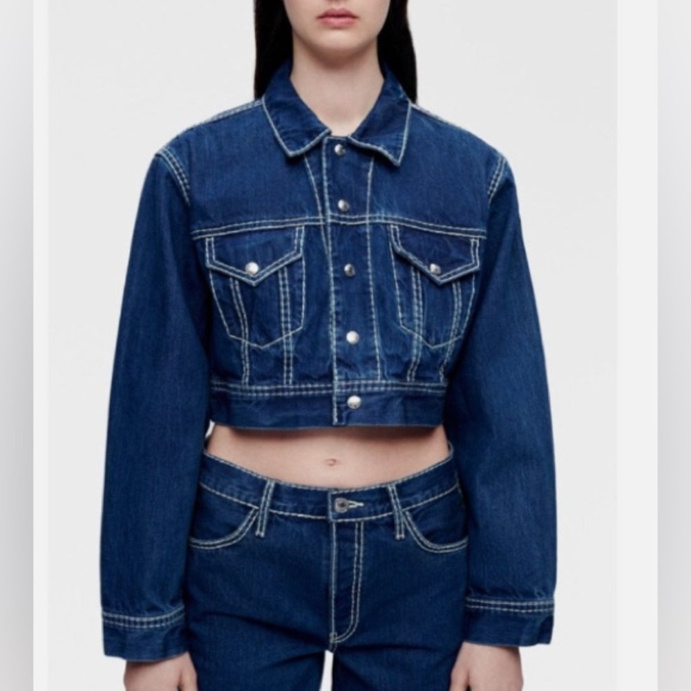 NWOT RE/DONE Women's Chunky Stitch Cropped Denim Jacket large Blue Indigo Collar